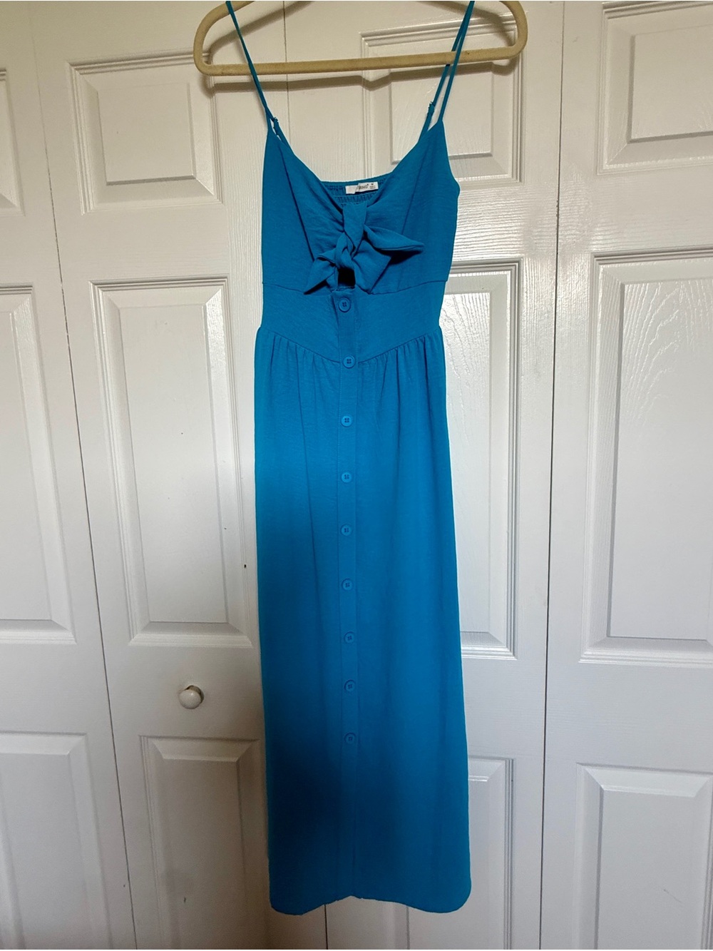 Timing Teal Blue Button-Front Maxi Dress with Front Bow